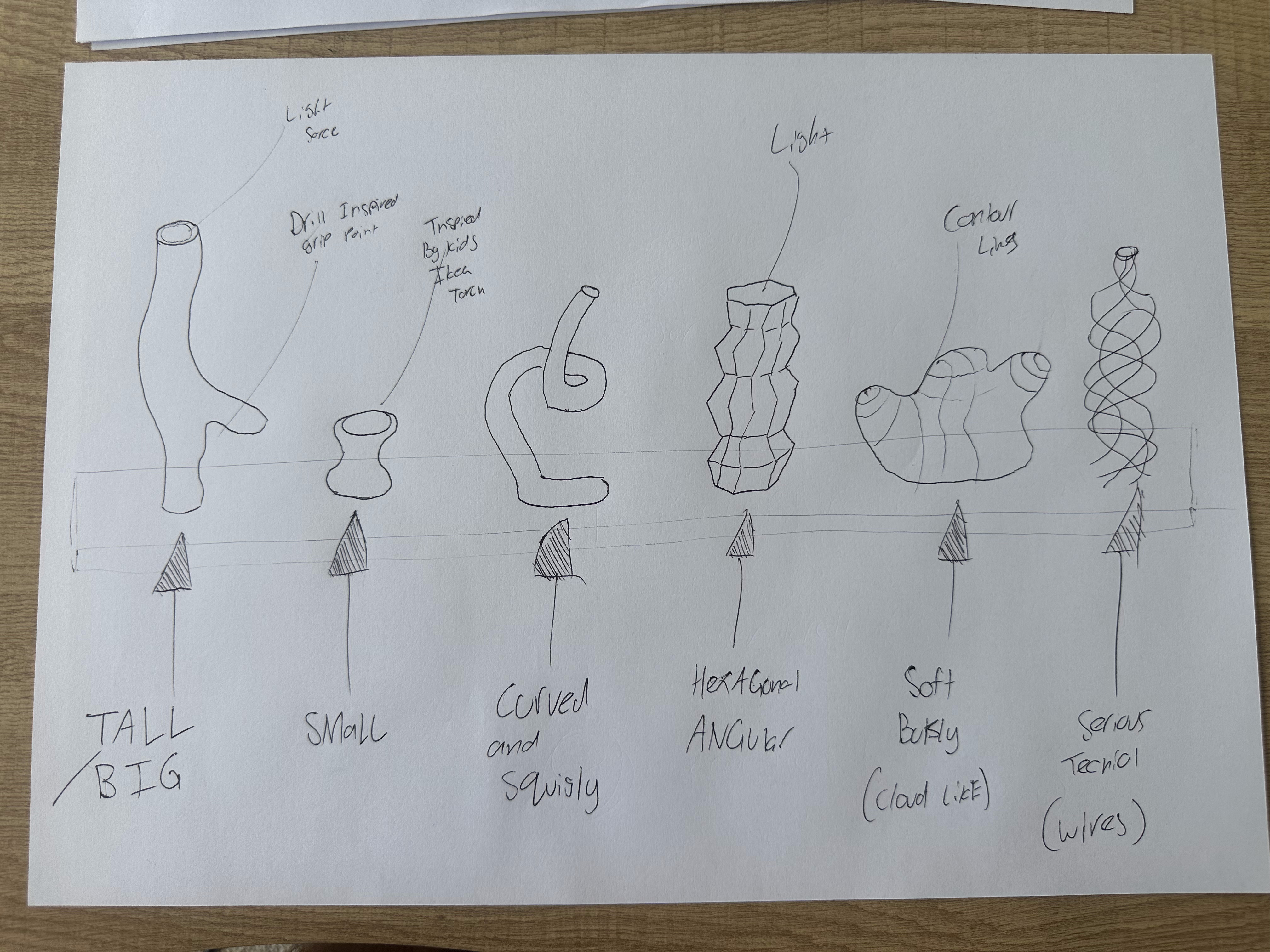 Six sculptural torch variations sketched from one favourite concept: tall/big, small, curved and squiggly, angular and hexagonal, soft, and serious/technical